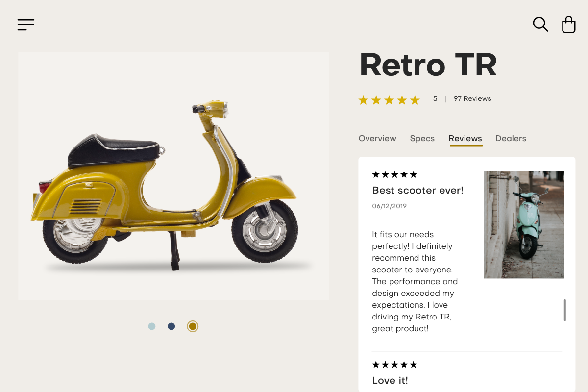 detailed online product page for a scooter