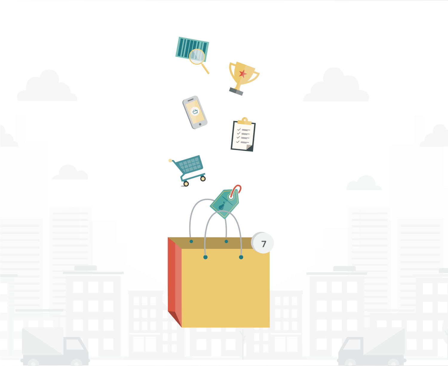Illustration of items falling into a bag.